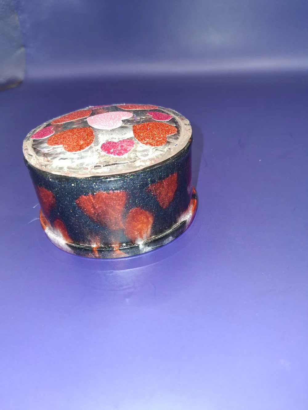 Handmade Round Trinket Box with Red Glitter Heart Accents